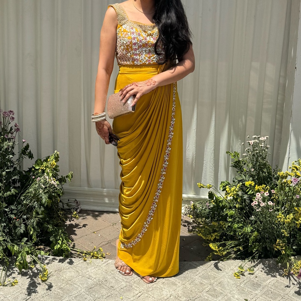 Embroidered Yellow drape saree - Pre pleaded